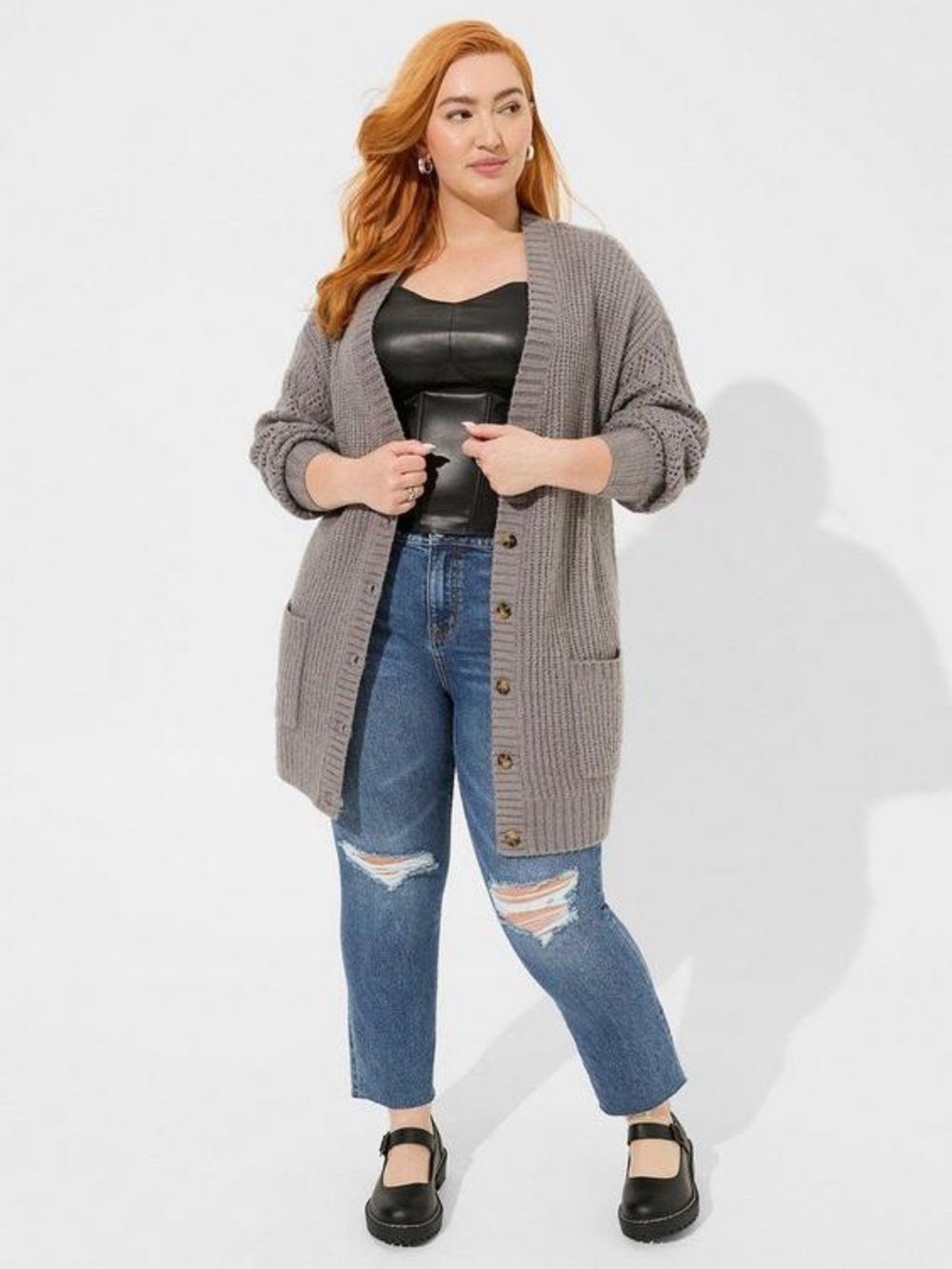Torrid Boyfriend Cardigan Pointelle Sleeve Sweater Womens 1 14 16 1X Grey Long